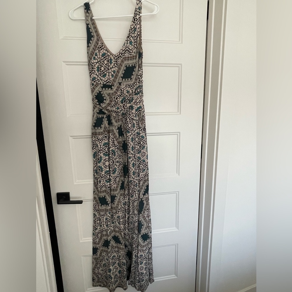 Maeve Teal and Black Geometric Print maxi dress